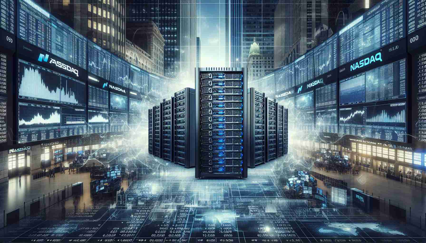 Generate a realistic, high-definition image of a groundbreaking technology in the stock market. This innovation, symbolically referred to as 'New Frontier', should be represented by sophisticated servers or supermicro hardware systems, indicative of advanced IT infrastructure, data storage, and processing capabilities. The backdrop should be the Nasdaq, depicted as a visually impressive hub of financial activity with multiple screens showing various market trends and stock values.