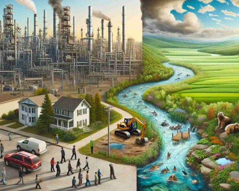 Generate a high-definition, realistic image that symbolically represents the impacts of the natural gas revolution on communities and the environment. Include a bustling small town with diverse people of different descents like Hispanic, Middle-Eastern, Black and South Asian. Show the juxtaposition of industrial progress, symbolized by natural gas extraction infrastructure nearby, and the untouched nature on the other side - a clear river, green fields and forests with a variety of wildlife. To indicate hidden impacts, display subtle changes in the environment such as withering plants or murky water.