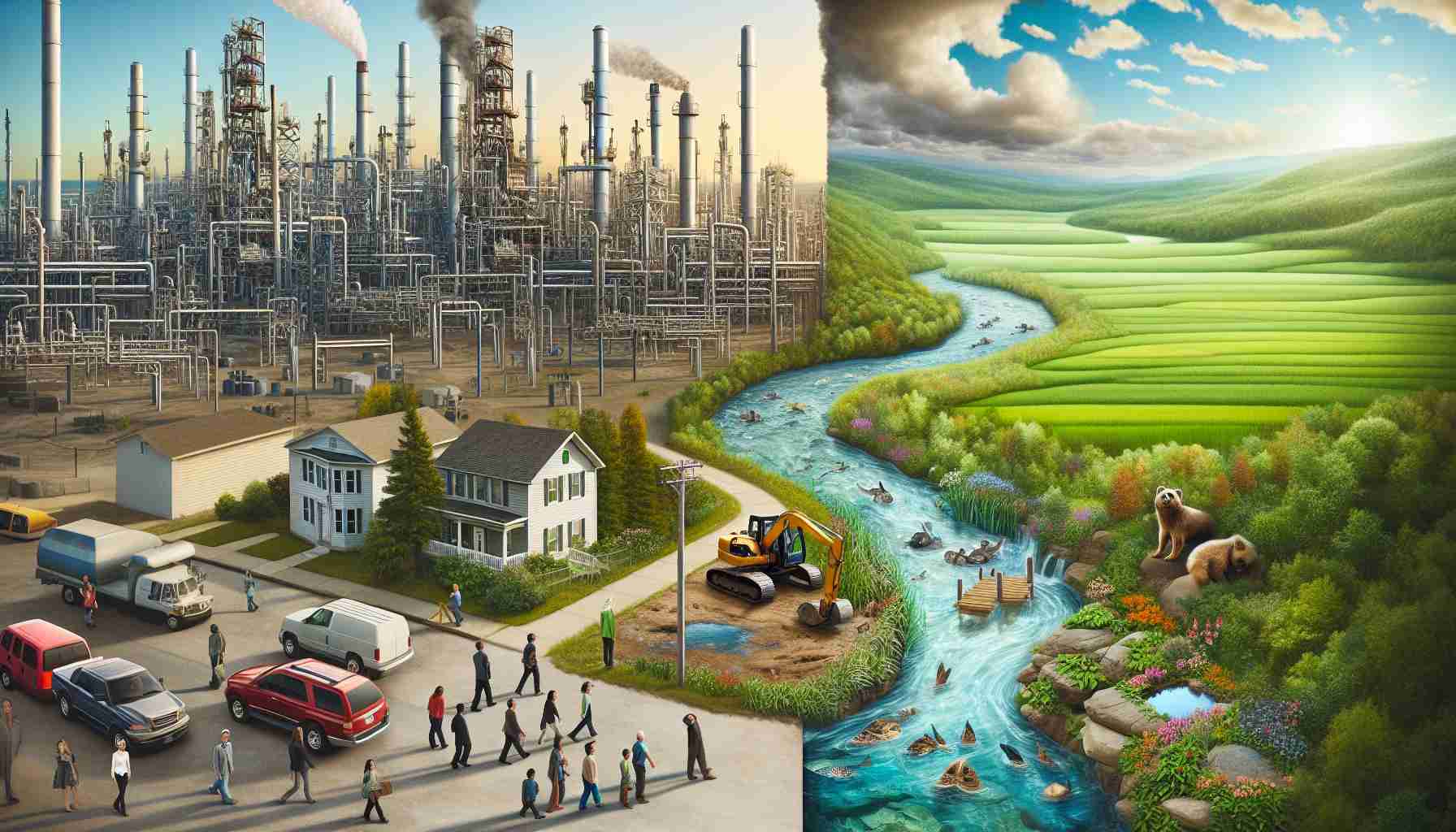 Generate a high-definition, realistic image that symbolically represents the impacts of the natural gas revolution on communities and the environment. Include a bustling small town with diverse people of different descents like Hispanic, Middle-Eastern, Black and South Asian. Show the juxtaposition of industrial progress, symbolized by natural gas extraction infrastructure nearby, and the untouched nature on the other side - a clear river, green fields and forests with a variety of wildlife. To indicate hidden impacts, display subtle changes in the environment such as withering plants or murky water.