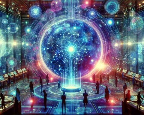 A vivid, high-definition image showcasing the concept of the future of big data, represented by an abstract illustration of a mystical crystal ball (referred to as 'Palantir') glowing with various shades of electric blue. The image portrays a state-of-the-art control room setting with people of diverse genders and descents, each interacting with advanced holographic interfaces displaying complex data structures and patterns. The room is filled with a myriad of bright, vibrant lights indicating high tech databases and network systems. Text overlay on the image reads: 'The Future of Big Data Awaits'.