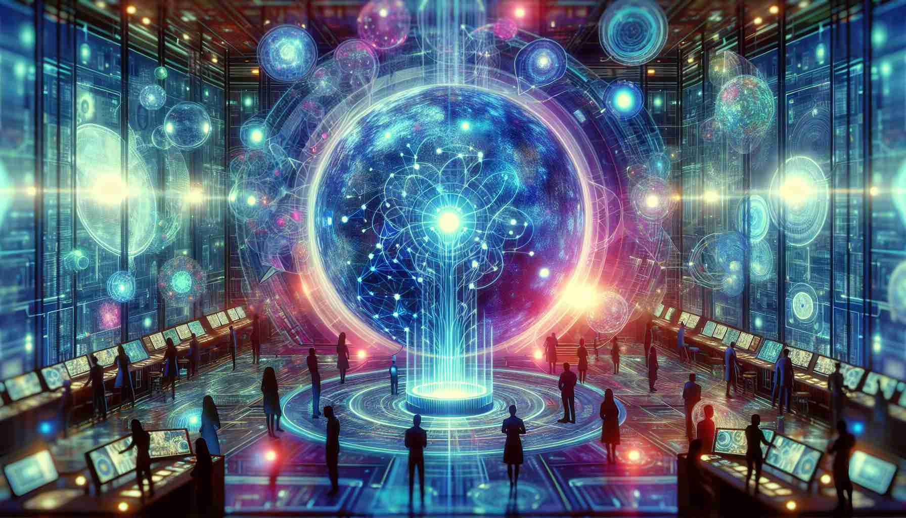 A vivid, high-definition image showcasing the concept of the future of big data, represented by an abstract illustration of a mystical crystal ball (referred to as 'Palantir') glowing with various shades of electric blue. The image portrays a state-of-the-art control room setting with people of diverse genders and descents, each interacting with advanced holographic interfaces displaying complex data structures and patterns. The room is filled with a myriad of bright, vibrant lights indicating high tech databases and network systems. Text overlay on the image reads: 'The Future of Big Data Awaits'.