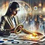 A realistic high definition image depicting the abstract concept of unlocking investment secrets, centered around the character of a chief analyst. Picture this: numerous financial charts, graphs, and diagrams scattered on a desk as a focused individual pores over them. The individual, a South Asian female chief analyst, wears glasses and demonstrates a clear sign of engagement and concentration. A large golden key symbolizing 'investment secrets' lies next to her, against a backdrop of skyscrapers representing the financial market. Please maintain subtle lighting to enhance the overall composition and depth of the image.