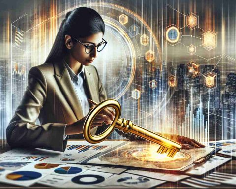 A realistic high definition image depicting the abstract concept of unlocking investment secrets, centered around the character of a chief analyst. Picture this: numerous financial charts, graphs, and diagrams scattered on a desk as a focused individual pores over them. The individual, a South Asian female chief analyst, wears glasses and demonstrates a clear sign of engagement and concentration. A large golden key symbolizing 'investment secrets' lies next to her, against a backdrop of skyscrapers representing the financial market. Please maintain subtle lighting to enhance the overall composition and depth of the image.