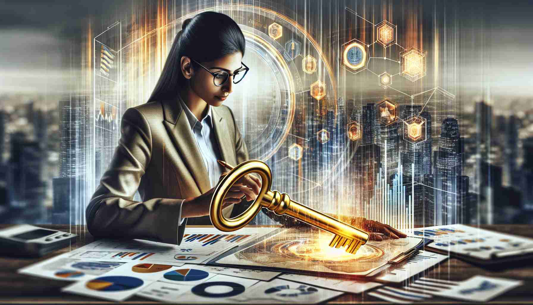 A realistic high definition image depicting the abstract concept of unlocking investment secrets, centered around the character of a chief analyst. Picture this: numerous financial charts, graphs, and diagrams scattered on a desk as a focused individual pores over them. The individual, a South Asian female chief analyst, wears glasses and demonstrates a clear sign of engagement and concentration. A large golden key symbolizing 'investment secrets' lies next to her, against a backdrop of skyscrapers representing the financial market. Please maintain subtle lighting to enhance the overall composition and depth of the image.