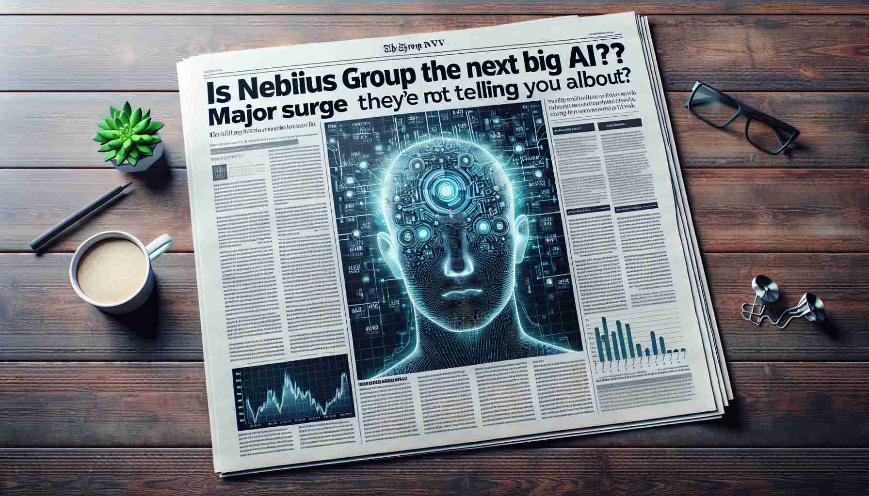 An image depicting a realistic, high-definition newspaper article with the headline 'Is Nebius Group NV the Next Big AI Stock? Major Surge They’re Not Telling You About' and a subhead. Make the rest of the page filled with generic finance-related articles and graphs symbolizing a stock market surge.