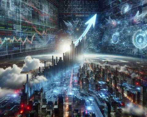 A highly detailed and realistic photograph of a skyrocketing stock chart. The stock being represented is a hypothetical tech company, showcasing the future of computing. The image portrays an uplifting trajectory suggestive of massive growth, underscored by futuristic digital motifs and elements - binary code, circuit patterns and holographic screens. The scene is set against a background teeming with the hustle and bustle of a virtual stock exchange floor.