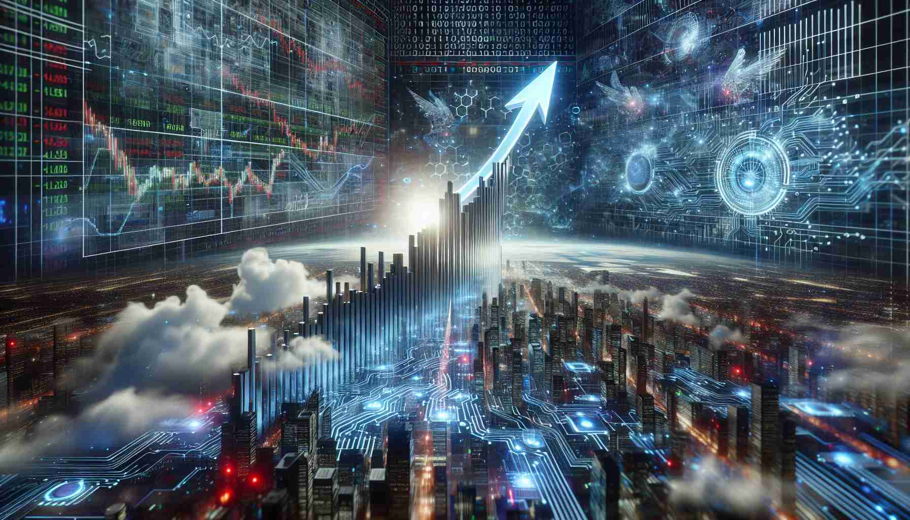 A highly detailed and realistic photograph of a skyrocketing stock chart. The stock being represented is a hypothetical tech company, showcasing the future of computing. The image portrays an uplifting trajectory suggestive of massive growth, underscored by futuristic digital motifs and elements - binary code, circuit patterns and holographic screens. The scene is set against a background teeming with the hustle and bustle of a virtual stock exchange floor.