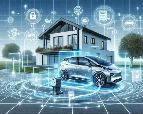 High definition, realistic illustration showcasing the revolutionary impact of Vehicle-to-Grid (V2G) technology. Depict an electric car parked outside a modern house, with visible connections or visual metaphors to display the energy flow from the car to the home. Tiny indicators or infographics might be incorporated to convey how this innovative technology allows an electric vehicle to supply power back to the home's electrical grid.