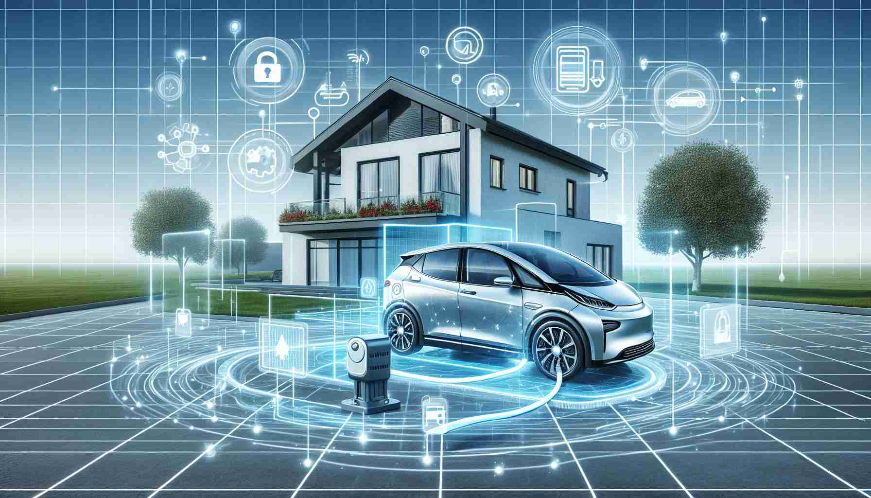 High definition, realistic illustration showcasing the revolutionary impact of Vehicle-to-Grid (V2G) technology. Depict an electric car parked outside a modern house, with visible connections or visual metaphors to display the energy flow from the car to the home. Tiny indicators or infographics might be incorporated to convey how this innovative technology allows an electric vehicle to supply power back to the home's electrical grid.