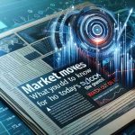 A high-resolution, realistic image of a news report or article headline about current stock market trends. The headline reads 'Market Moves: What You Need to Know About Today's Stock Trends! Watch Out for These Giants'. The background can include an abstract representation of stock market data with graphs, pie charts, and rising and falling arrows.