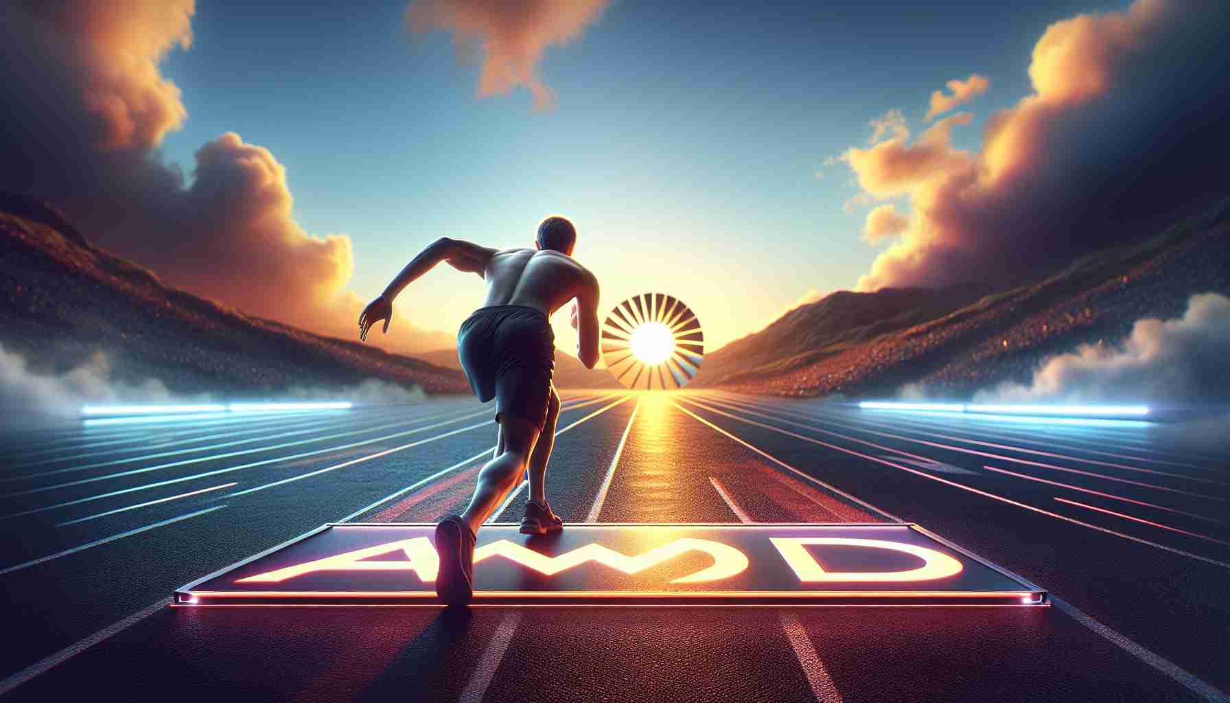 Create a hyper-realistic visual representation of the concept 'Is AMD Poised for a Comeback.' This may include a metaphorical depiction of a runner on a racetrack preparing to sprint, representing the anticipated resurgence. In the background, there could be a rising sun, symbolizing the idea of 'what's next'. The atmosphere should carry an air of anticipation and positive outlook. The design should be in compliance with modern HD quality.