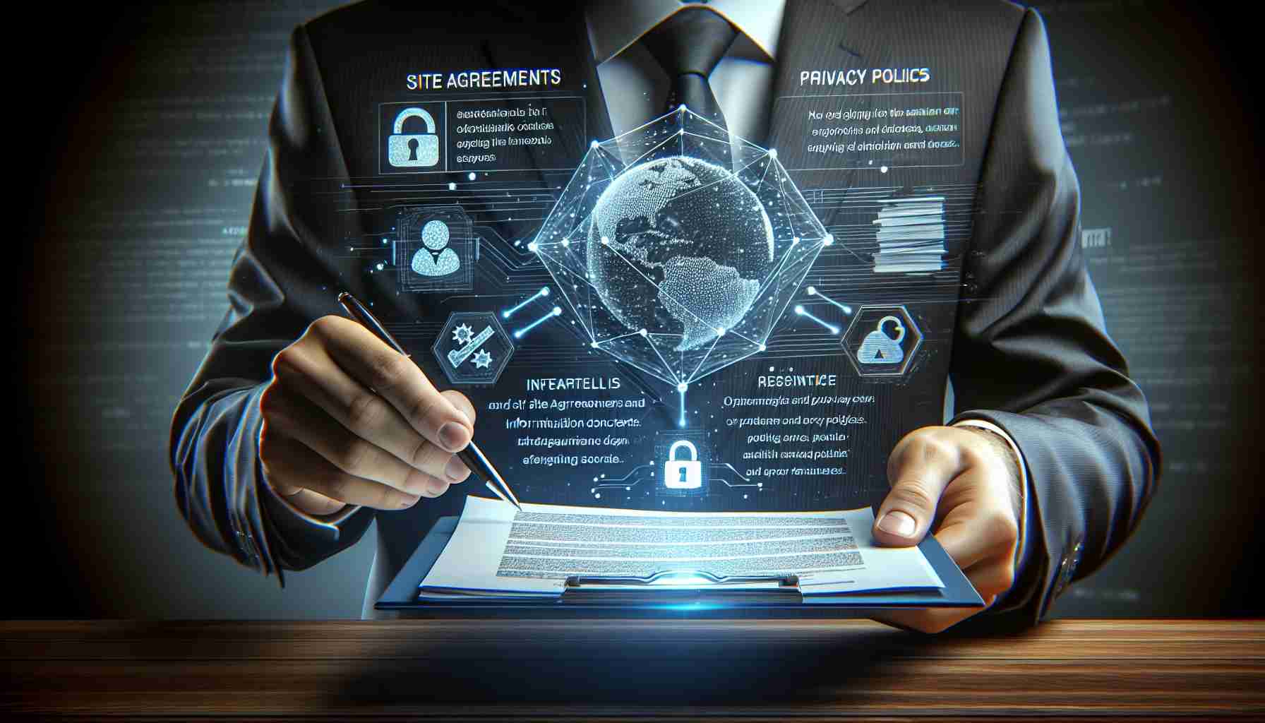 A high-definition, realistic image showcasing an informational context representing the essentials of site agreements and privacy policies. This should include imagery of legal documents for site agreements and privacy policies, perhaps being unraveled or decoded, underscored with elements that suggest knowledge and education. No specific style or time is to be referred to, the focus should remain on the clarity and precision of subject matter.