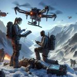 A high definition rendering of an advanced, life-saving technology in action. Depict a mountain rescue team using cutting-edge equipment in the middle of a dangerous recovery mission. Include a female Caucasian team member operating a drone for aerial support and a male, black team member using a high-tech, handheld device that locates individuals based on heat signatures. The backdrop should be a rugged, snow-covered mountain range under a crisp, clear sky.