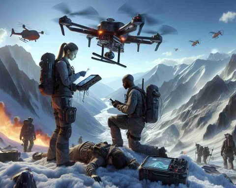 A high definition rendering of an advanced, life-saving technology in action. Depict a mountain rescue team using cutting-edge equipment in the middle of a dangerous recovery mission. Include a female Caucasian team member operating a drone for aerial support and a male, black team member using a high-tech, handheld device that locates individuals based on heat signatures. The backdrop should be a rugged, snow-covered mountain range under a crisp, clear sky.