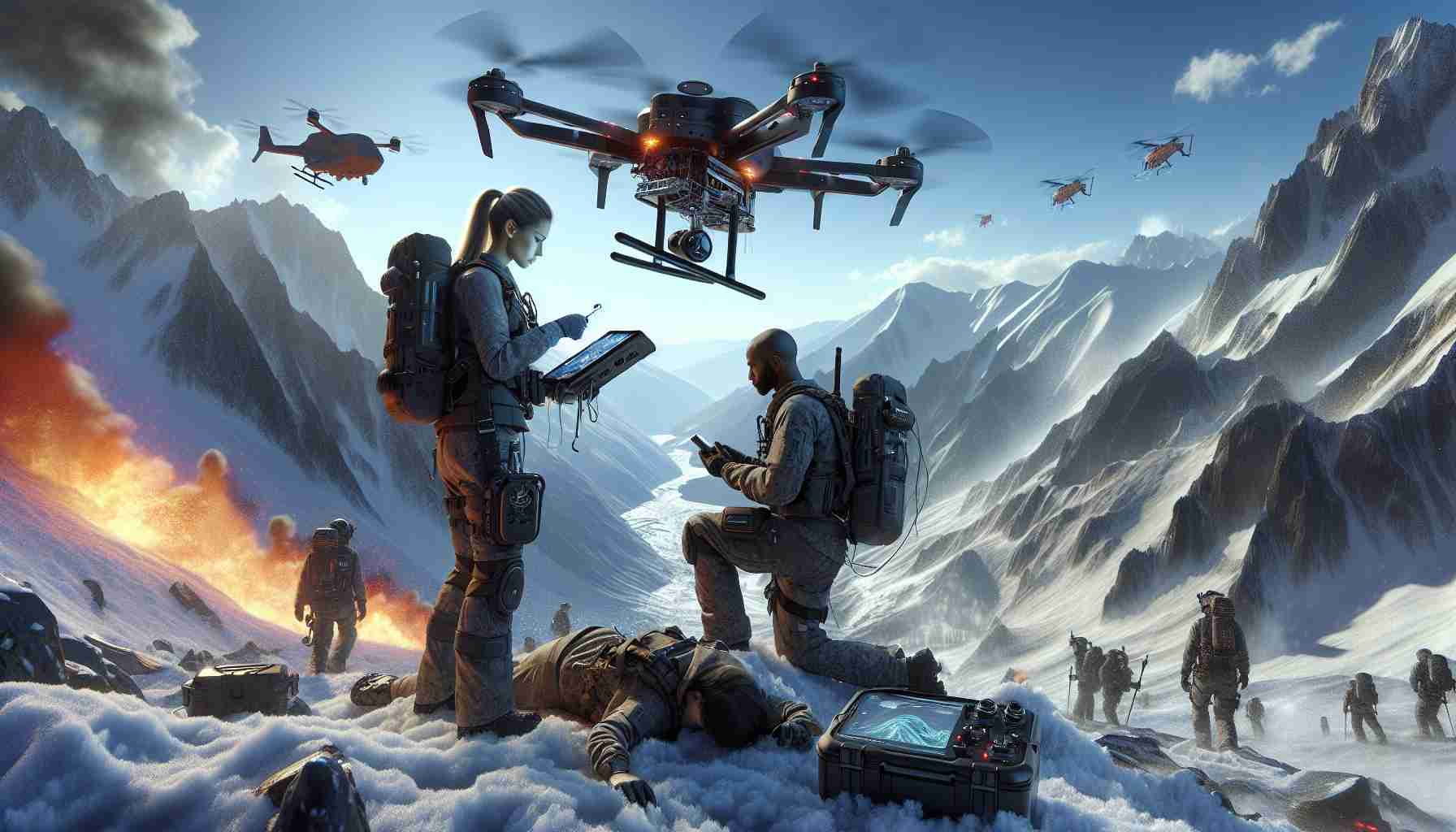 A high definition rendering of an advanced, life-saving technology in action. Depict a mountain rescue team using cutting-edge equipment in the middle of a dangerous recovery mission. Include a female Caucasian team member operating a drone for aerial support and a male, black team member using a high-tech, handheld device that locates individuals based on heat signatures. The backdrop should be a rugged, snow-covered mountain range under a crisp, clear sky.