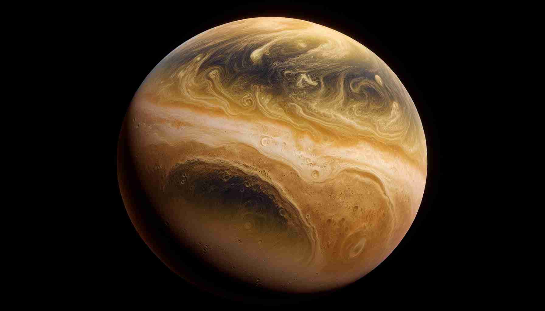 A high definition, realistic digital rendering of the planet Venus. The planet is detailed to showcase its inhospitable surface, extremes of temperature, and dense atmosphere, reflecting a world that has never been graced by water or life. Colors are to be rendered accurately to represent Venus' real appearance as seen from various space missions, with its thick, swirling cloud layers of sulfur and carbon dioxide giving it its characteristic yellowish hue.