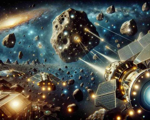 A detailed and HD imagery depicting the concept of asteroid mining as a future prospect for humanity. The scene to be illustrated includes an array of advanced spacecrafts equipped with mining tools, hovering over a massive asteroid in outer space. Add elements that suggest that these asteroids are rich in precious and rare resources, represent them as the 'New Space Gold Rush'. Incorporating views of distant galaxies and celestial bodies in the backdrop would provide an expansive and impressive scale to the illustration.