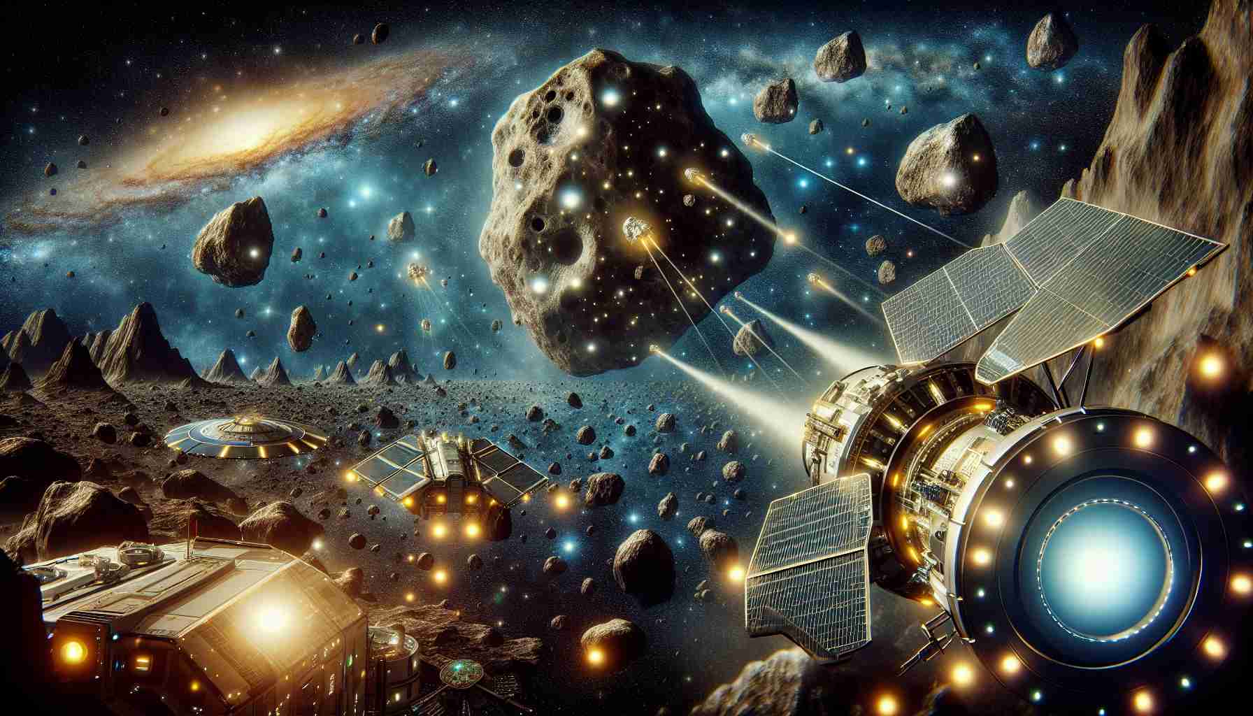 A detailed and HD imagery depicting the concept of asteroid mining as a future prospect for humanity. The scene to be illustrated includes an array of advanced spacecrafts equipped with mining tools, hovering over a massive asteroid in outer space. Add elements that suggest that these asteroids are rich in precious and rare resources, represent them as the 'New Space Gold Rush'. Incorporating views of distant galaxies and celestial bodies in the backdrop would provide an expansive and impressive scale to the illustration.