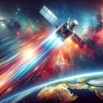 Generate a realistic HD image depicting the revolution of global connectivity. Feature a satellite, representing a leap into a new era, soaring high above Earth in the vastness of space. Stress on bright, futuristic colors to capture the freshness of the new era and let space be the background filled with galaxies and distant stars.