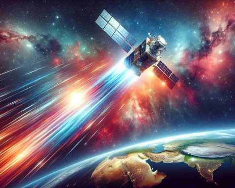 Generate a realistic HD image depicting the revolution of global connectivity. Feature a satellite, representing a leap into a new era, soaring high above Earth in the vastness of space. Stress on bright, futuristic colors to capture the freshness of the new era and let space be the background filled with galaxies and distant stars.