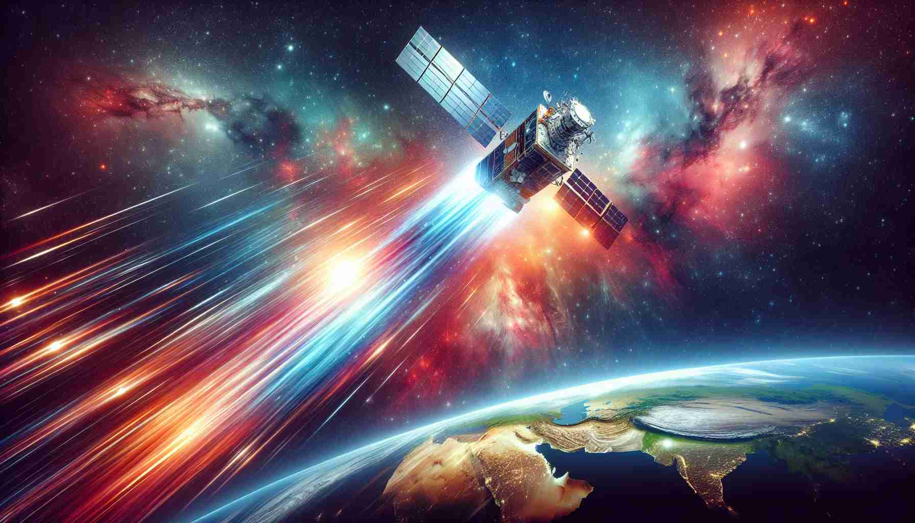 Generate a realistic HD image depicting the revolution of global connectivity. Feature a satellite, representing a leap into a new era, soaring high above Earth in the vastness of space. Stress on bright, futuristic colors to capture the freshness of the new era and let space be the background filled with galaxies and distant stars.