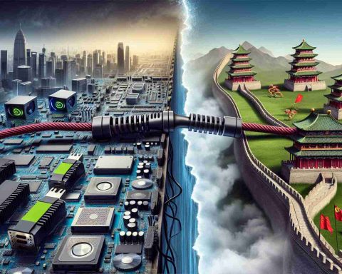 High-definition realistic image showcasing the technology tug-of-war illustrated as an imaginative scene. One side of the scene has various electronic components and cutting-edge computer hardware, symbolic of a major tech company like Nvidia. The other side is represented by Pagodas, Great Wall segments, and oriental dragons, symbolizing an Eastern nation known for its technological prowess as well. The two sides appear to be in an intense competition, seen pulling on a massive power cord instead of a rope in a metaphorical tug-of-war.