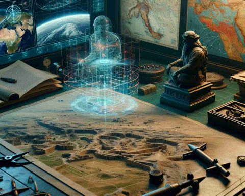 A detailed, realistic high-definition image that depicts the theme of unearthing history. In the scene, there are satellite images, geological maps, and archaeological tools laid out on a table. Above the table, a holographic projection of an ancient, lost Islamic battlefield is displayed, complete with topographical lines and historical landmarks. The atmosphere of the scene infuses a sense of discovery and technology aiding in the rediscovery of lost history.