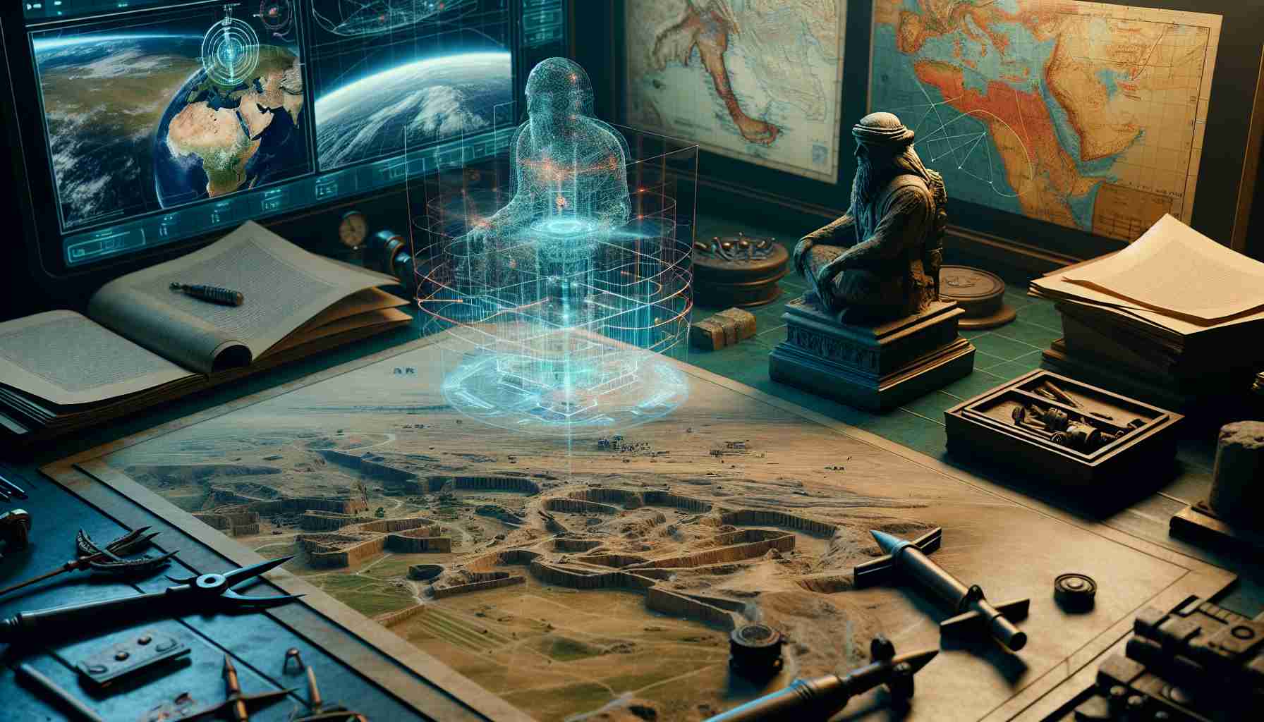 A detailed, realistic high-definition image that depicts the theme of unearthing history. In the scene, there are satellite images, geological maps, and archaeological tools laid out on a table. Above the table, a holographic projection of an ancient, lost Islamic battlefield is displayed, complete with topographical lines and historical landmarks. The atmosphere of the scene infuses a sense of discovery and technology aiding in the rediscovery of lost history.