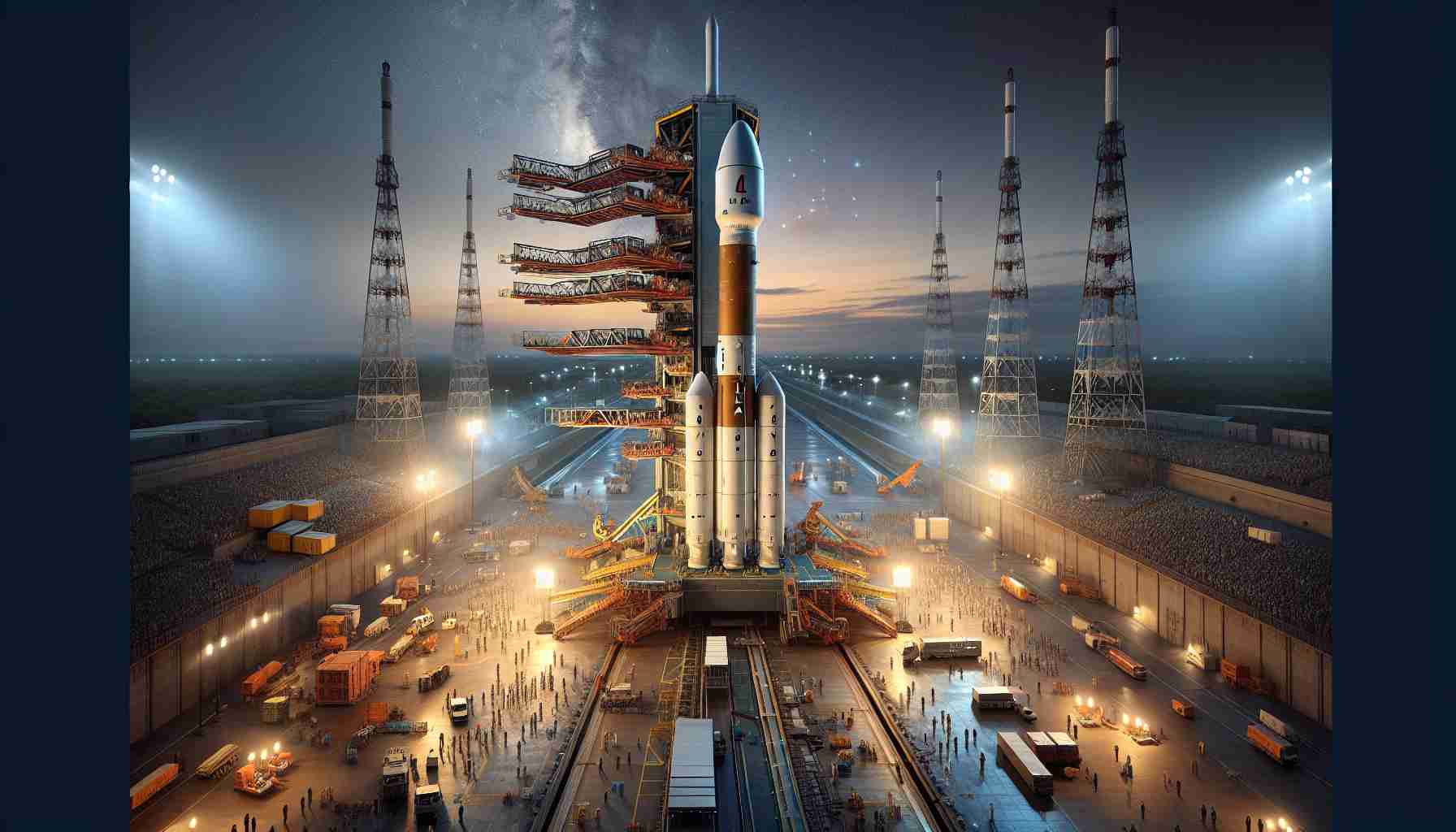 A highly detailed and realistic image of India's PSLV-XL rocket. It is prepared on the launch pad, set to propel Europe's ambitious solar mission. The scene is bustling with activity as engineers and technicians perform their final checks. Sky is lit with anticipation, painted in hues of twilight. The magnitude of the rocket compared to the surrounding structures display its sheer scale. Please do not include people in this depiction.