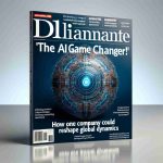 Generate a realistic high-definition image of a fictitious news magazine cover highlighting 'The AI Game Changer! How One Company Could Reshape Global Dynamics'. The cover must portray a hypothetical technology company's abstract logo, a compelling headline text about AI transformation, and finer accompanying details that suggest the magnitude of the global change.