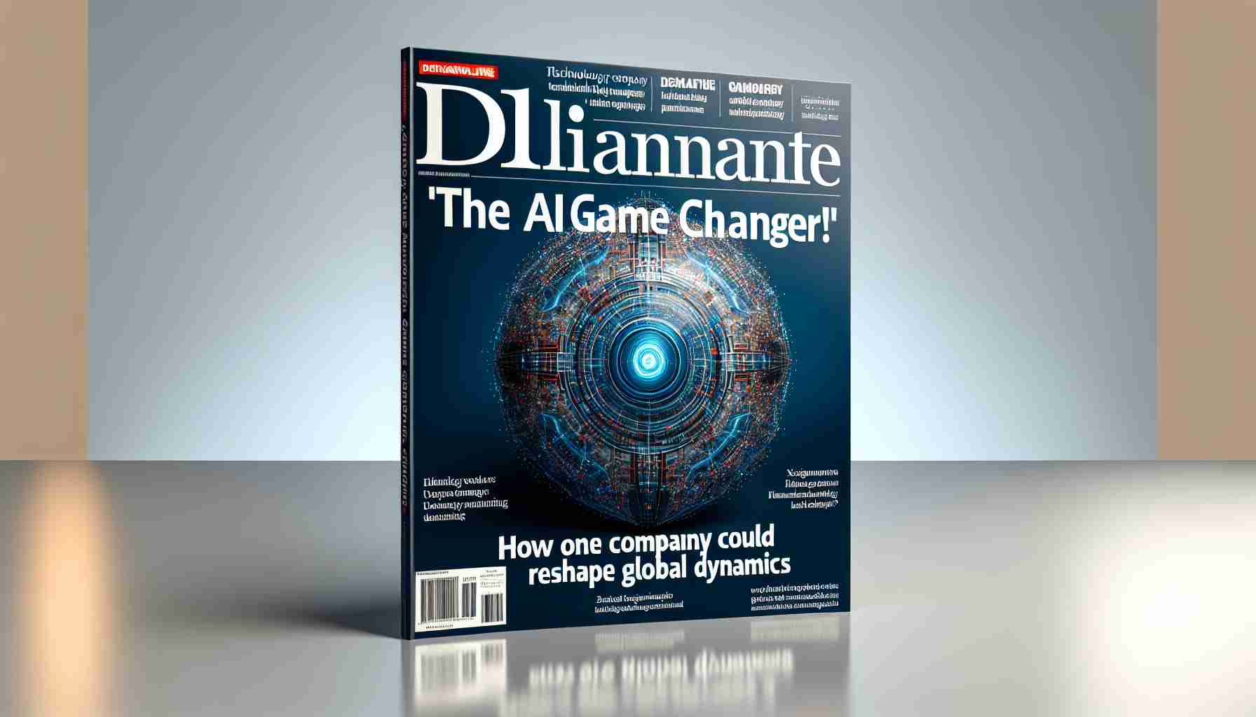 Generate a realistic high-definition image of a fictitious news magazine cover highlighting 'The AI Game Changer! How One Company Could Reshape Global Dynamics'. The cover must portray a hypothetical technology company's abstract logo, a compelling headline text about AI transformation, and finer accompanying details that suggest the magnitude of the global change.