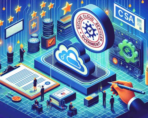 Generate an image illustrating the major milestone of a fictional technology company. Show their secure cloud services getting approved for government use, perhaps represented by a stamp or certificate. Make the whole scene look vibrant and high-definition.