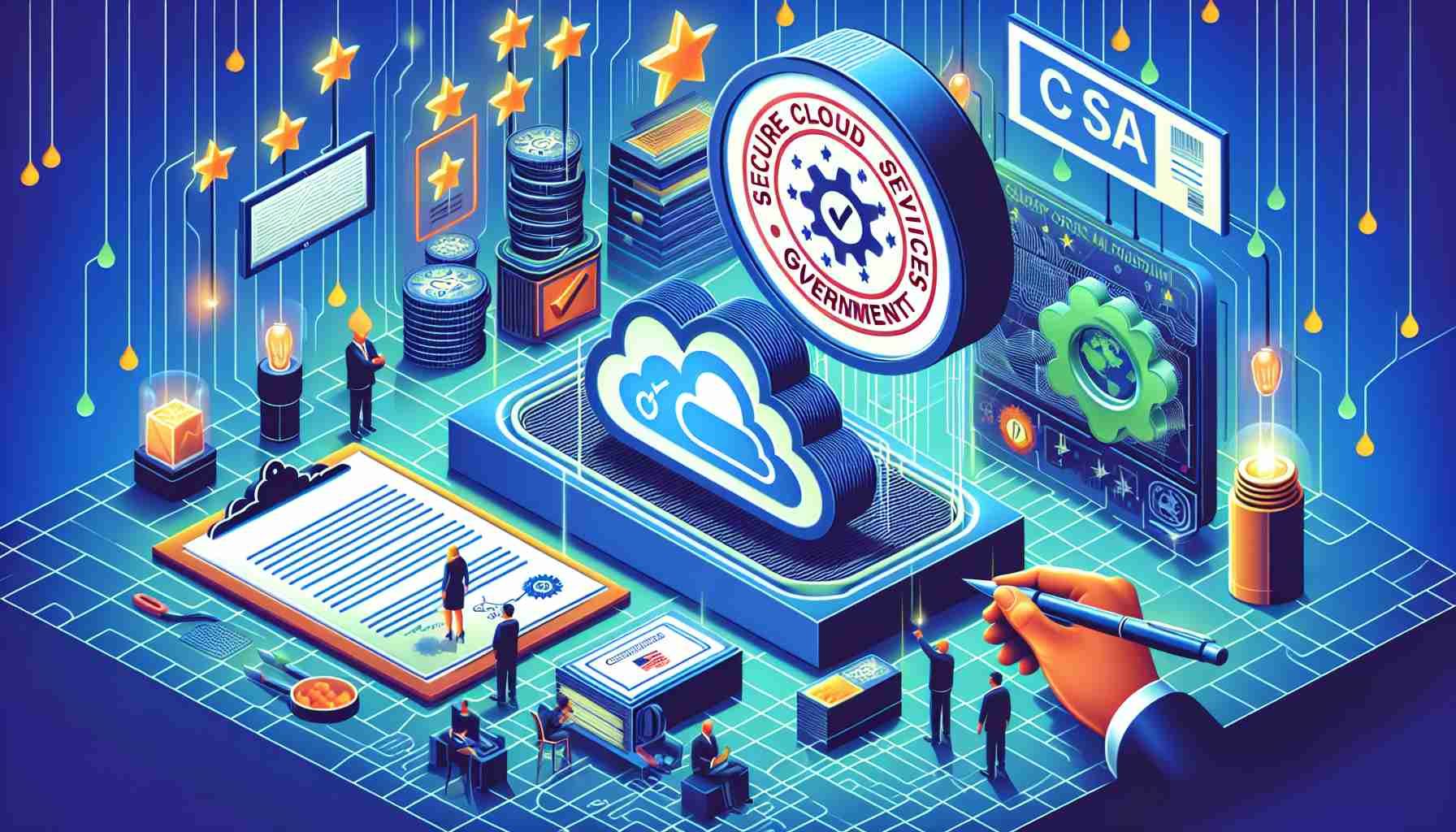 Generate an image illustrating the major milestone of a fictional technology company. Show their secure cloud services getting approved for government use, perhaps represented by a stamp or certificate. Make the whole scene look vibrant and high-definition.