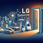 Generate a high-definition, realistic illustration symbolizing the influence of Artificial Intelligence on our future lives. For instance, consider representing daily objects being improved through AI like a smart home system, automated cars, robot assistants, etc., and depict opening a door labelled as 'LG's Tomorrow', signifying the future envisioned by LG.