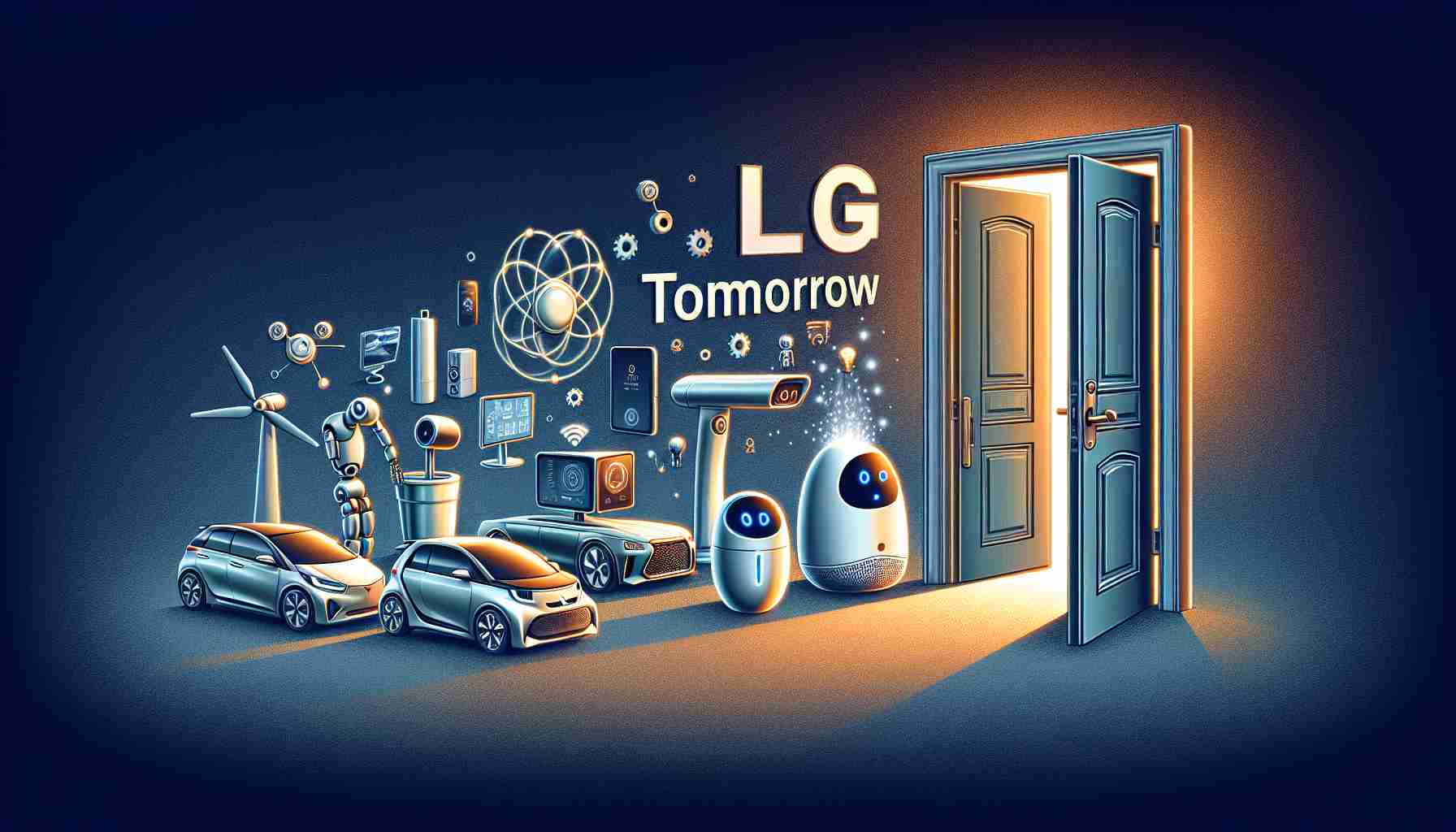 Generate a high-definition, realistic illustration symbolizing the influence of Artificial Intelligence on our future lives. For instance, consider representing daily objects being improved through AI like a smart home system, automated cars, robot assistants, etc., and depict opening a door labelled as 'LG's Tomorrow', signifying the future envisioned by LG.