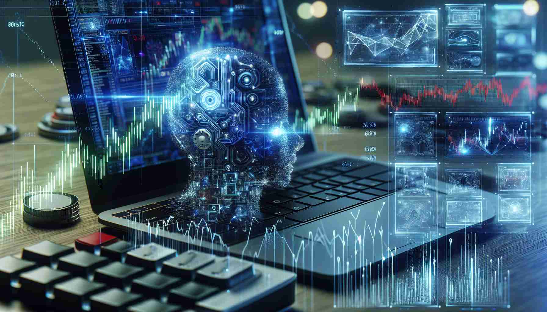 A highly detailed and realistic image representing the concept of AI disrupting the stock exchange market. It could showcase futuristic computer interfaces, complex graphs and algorithms, demonstrating an advanced and new vision in the financial technology sector.