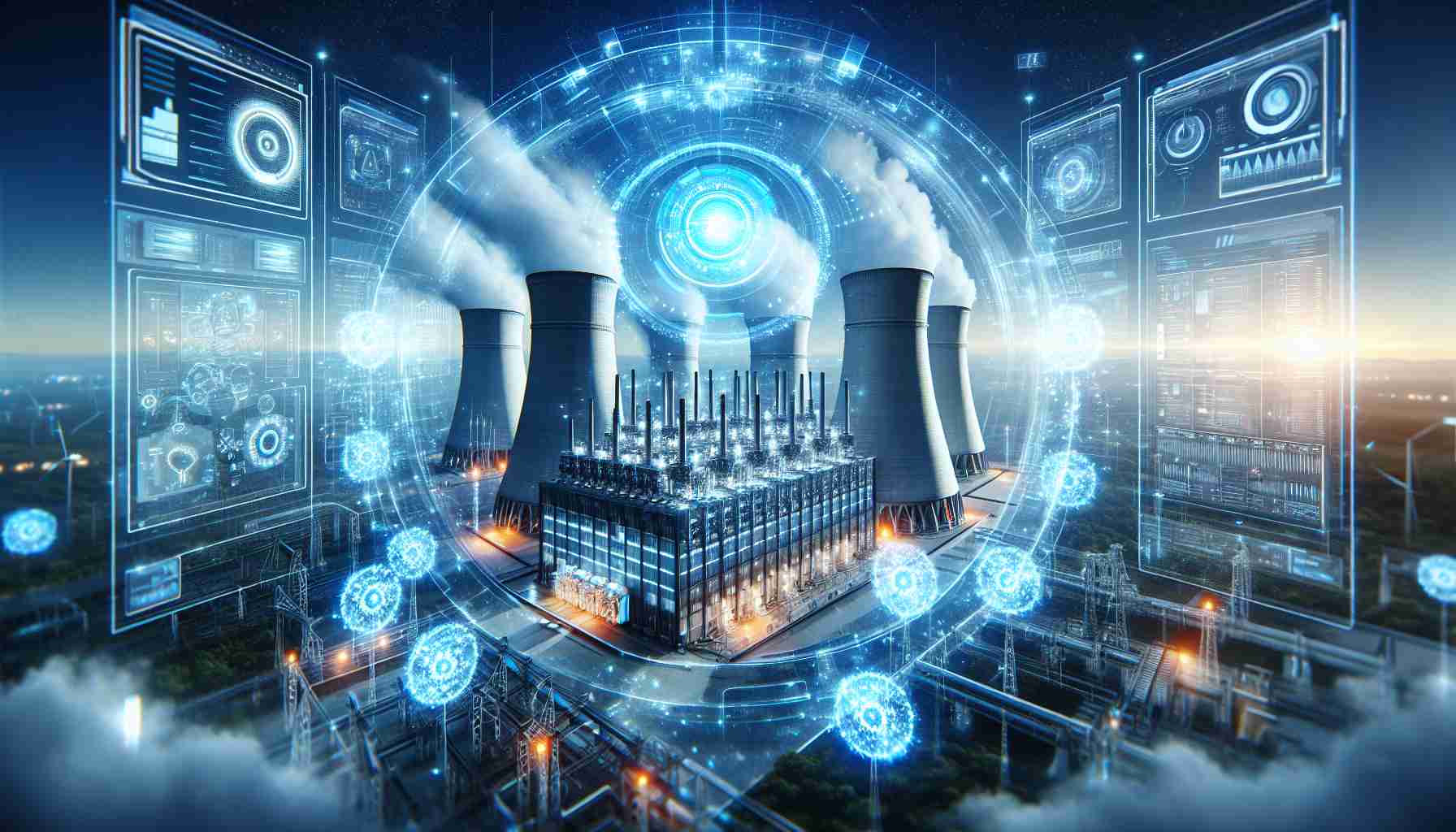 Generate a realistic high-definition image representing the concept of unlocking the potential of a power plant. Visualize this as a huge, modern power plant with turbines working at their maximum capacity, surrounded by a radiant aura of energy. The scene should contain futuristic elements and symbols of advanced technologies in energy management such as digital interfaces, holograms projecting data analytics and efficient electric grids. The imagery should capture the idea of a bright, sustainable energy future.