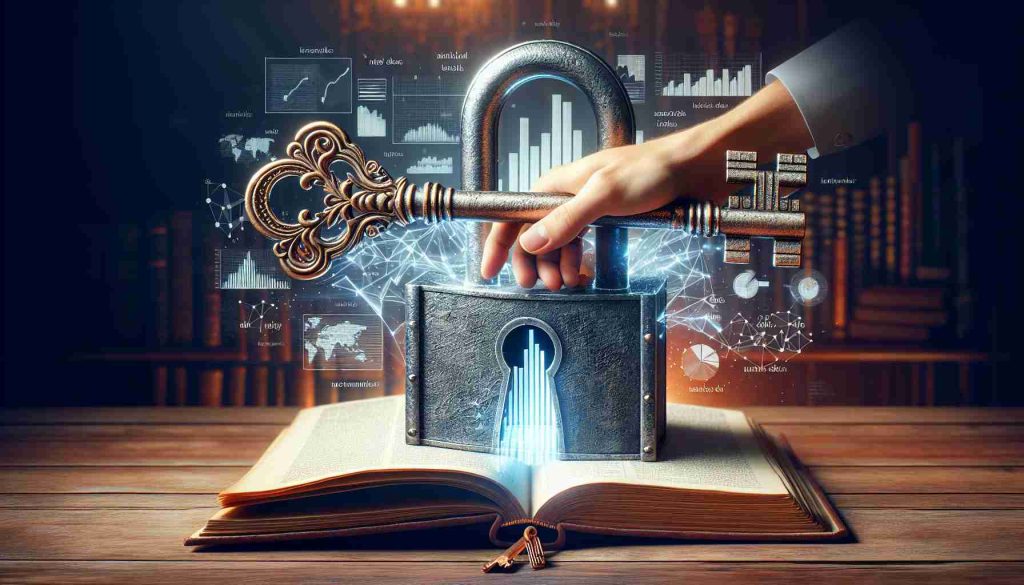 Generate a realistic high-definition image representing the concept of 'Unlock Tailored Insights: Your Guide to Market Data Customization'. Picture this: A large key, crafted with intricate details, being inserted into a lock representing market data. Entwining the lock and key are data streams, signalling the flow of information. Behind it, a book titled 'Your Guide to Market Data Customization' stands, its pages filled with graphs, charts, and written content. The ambiance should radiate knowledge and the sophistication of data manipulation.