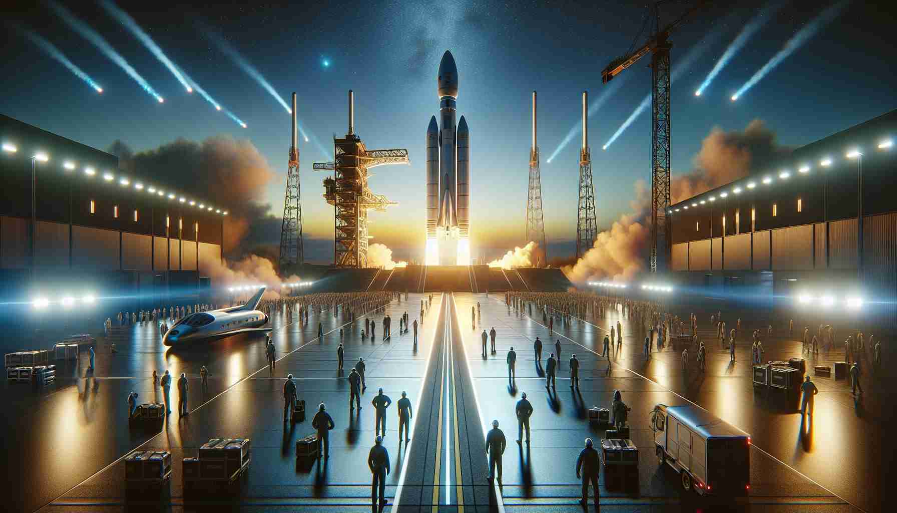 A high-definition, ultra realistic rendering of an upcoming exciting space event. Imagine a grand spaceship preparing for its visionary journey into the cosmos. The launch pad is abuzz with activity, engineers of diverse genders and descents hustling and bustling around. Anticipation fills the air as the countdown begins. The rocket is a marvel of modern technology, sleek and powerful. The sky, a brilliant gradient of twilight hues, serves as a fitting backdrop to this momentous occasion. Do not forget the bright beams of spotlights illuminating the spaceship, reinforcing the grandeur of this event.