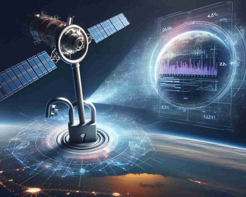 Create a realistic HD image of the concept, 'Unlocking the Secrets of the Tactical Satellite Market: 2024 Trends Revealed'. This should visualize the metaphor of unlocking a mystery. Show a large, striking key being inserted into a lock that is part of a satellite. The background should be the expanse of space with faint silhouettes of other satellites. On a holographic screen projecting from the satellite, depict charts, graphs, and data predicting the trends of the satellite market for the year 2024.