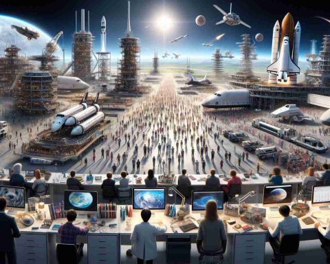 A high-definition, realistic depiction of the year 2025, labeled as 'The Year of Explosion in the UK Space Sector'. This panorama shows the peak of the space industry's progress in the United Kingdom, showcasing various astro-technological advancements. The scene includes numerous space shuttles at launch pads, scientists of diverse genders and descents at work in cutting-edge laboratories, contributions of everyday citizens of all descents and genders, and school children engrossed in space exploration studies. The scene captures a sense of excitement and anticipation in the advancements of space exploration technology and its impact on society.