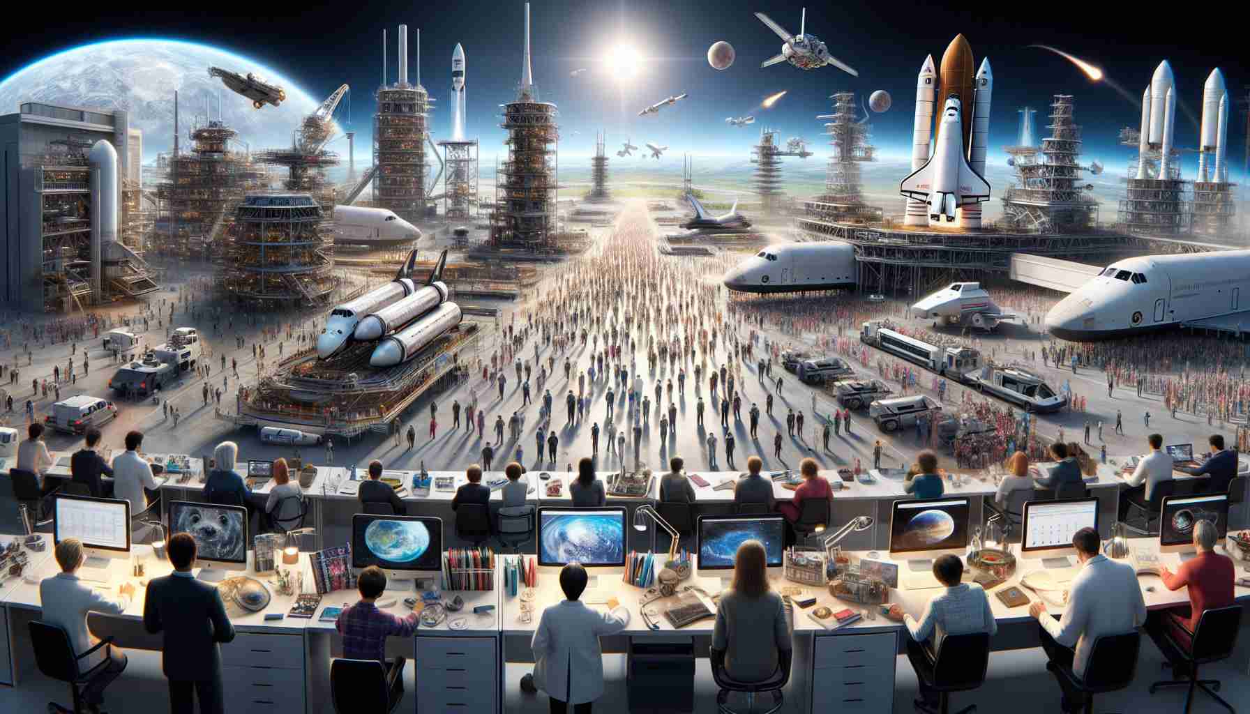 A high-definition, realistic depiction of the year 2025, labeled as 'The Year of Explosion in the UK Space Sector'. This panorama shows the peak of the space industry's progress in the United Kingdom, showcasing various astro-technological advancements. The scene includes numerous space shuttles at launch pads, scientists of diverse genders and descents at work in cutting-edge laboratories, contributions of everyday citizens of all descents and genders, and school children engrossed in space exploration studies. The scene captures a sense of excitement and anticipation in the advancements of space exploration technology and its impact on society.