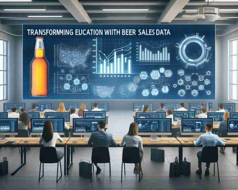 An image representing the concept of transforming education with beer sales data - Visualization of a classroom environment where students using computers are having an engaging discussion, with a large screen depicting graphs and charts generated from beer sales data. This concept is showing how practical data can be used in an educational setting to make a real-world impact.