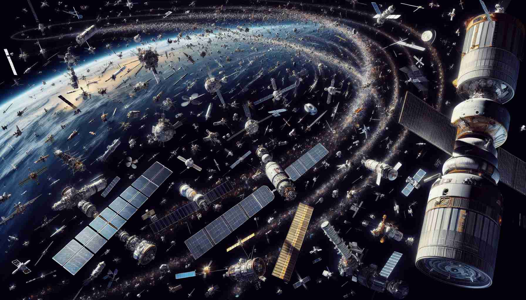 A high-definition, realistic illustration of space traffic chaos. Picture spacecrafts of various sizes, designs, and origins all moving in different directions, zigzagging across the black canvas of the cosmos. Among them, you can see satellites, research vessels, and small personal crafts, creating a state of confusion and potential threat of collision. The Earth can be seen as a spectacular background, its beautiful blue contours starkly contrasting with the dark space and chaotic dance of the vessels. The scene implies a potential looming disaster in orbital space if the traffic is not regulated properly.