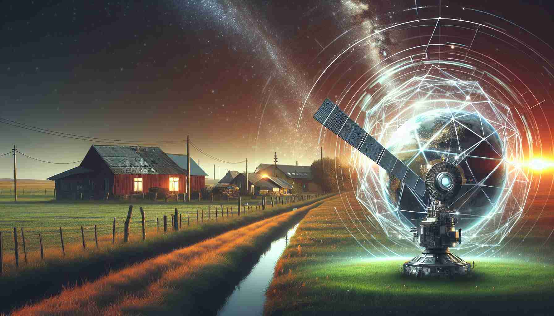 An HD photo portraying a symbolic representation of a prominent technology entrepreneur's new role possibly posing a threat to rural broadband access. The image could depict a futuristic satellite against a rural landscape with homes in the distance, suggesting potential changes in internet connectivity