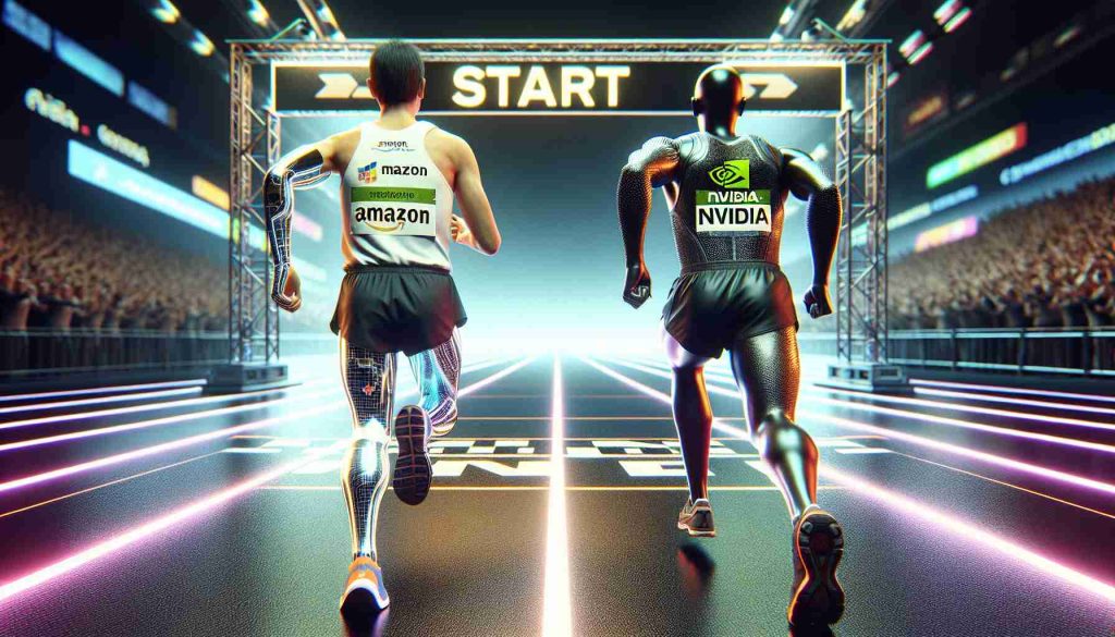 A high-definition, realistic image depicting the conceptual scene of two tech giants in the field of artificial intelligence, depicted as marathons runners at the starting line. One runner, embodying Amazon, is visualized as a human person of Hispanic descent, with a race number labeled as 'Amazon'. The other runner, embodying Nvidia, is represented by a Caucasian male wearing gear labeled 'Nvidia'. The background features a futuristic starting line with neon racing tracks, signifying the commencement of an intense competition in the AI race.