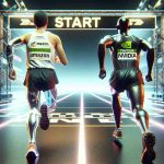 A high-definition, realistic image depicting the conceptual scene of two tech giants in the field of artificial intelligence, depicted as marathons runners at the starting line. One runner, embodying Amazon, is visualized as a human person of Hispanic descent, with a race number labeled as 'Amazon'. The other runner, embodying Nvidia, is represented by a Caucasian male wearing gear labeled 'Nvidia'. The background features a futuristic starting line with neon racing tracks, signifying the commencement of an intense competition in the AI race.