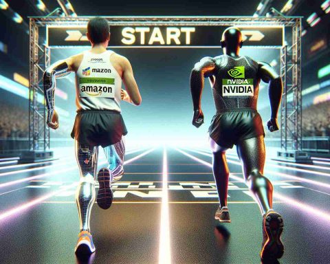 A high-definition, realistic image depicting the conceptual scene of two tech giants in the field of artificial intelligence, depicted as marathons runners at the starting line. One runner, embodying Amazon, is visualized as a human person of Hispanic descent, with a race number labeled as 'Amazon'. The other runner, embodying Nvidia, is represented by a Caucasian male wearing gear labeled 'Nvidia'. The background features a futuristic starting line with neon racing tracks, signifying the commencement of an intense competition in the AI race.