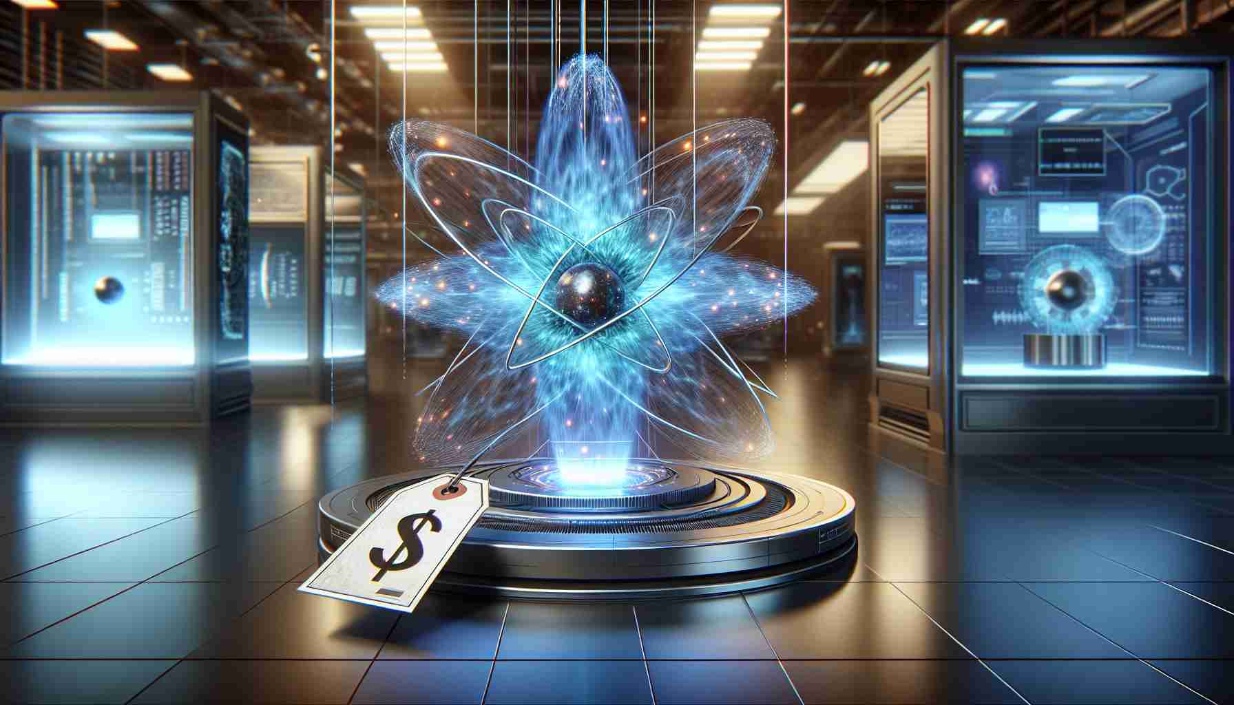 An immersive 3D conceptual illustration demonstrating a momentous futuristic technology: a spectacular quantum nexus, symbolizing the intersection of science and technology, pulsating with radiant energy inside a high-tech laboratory. There is also a price tag attached representing the metaphorical cost. The scene is evocative of a dilemma juxtaposing progress and potential drawbacks. Everything is rendered in a high-definition and realistic style.