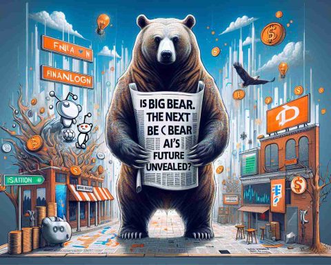 Artistic rendition of the concept: 'Is BigBear.ai the Next Big Reddit Sensation? AI’s Financial Future Unveiled'. Imagine a large bear, standing on its hind legs, representing BigBear.ai, surrounded by symbols of finance and technology. On the ground, a large newspaper headline reads 'Next Big Reddit Sensation?'. The backdrop should be a futuristic city, symbolizing the future of finance. However, maintain an air of uncertainty to reflect the ambiguity of the 'Unveiled Future'. Note: No real people or recognizable logos should be included.